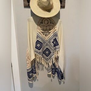 Boho Crochet Fringe Shawl Sweater - Cream & Navy NWT